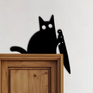 Funny Black Cat Door Topper, Cat with Knife Door Corner, Halloween Door Topper